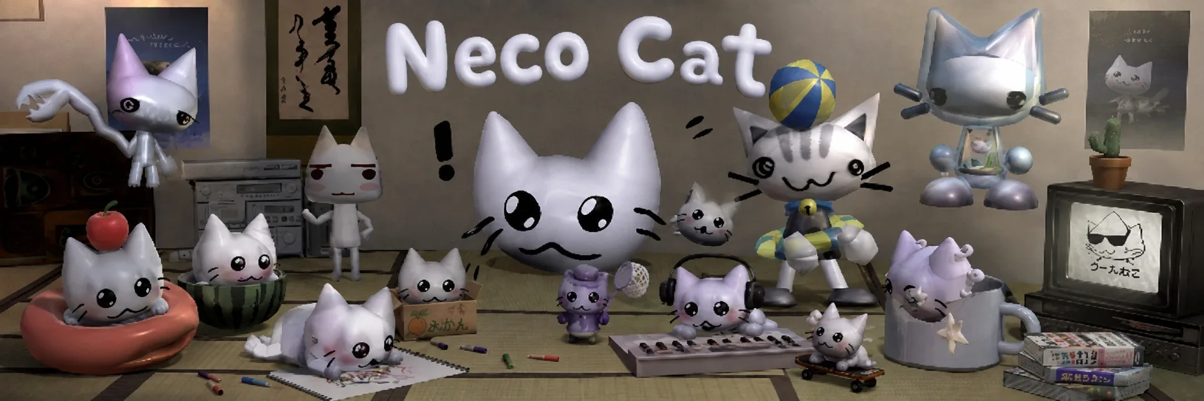 A tatami room with fourteen small glossy cats sitting among a boombox, a mug, a television and a stack of books.